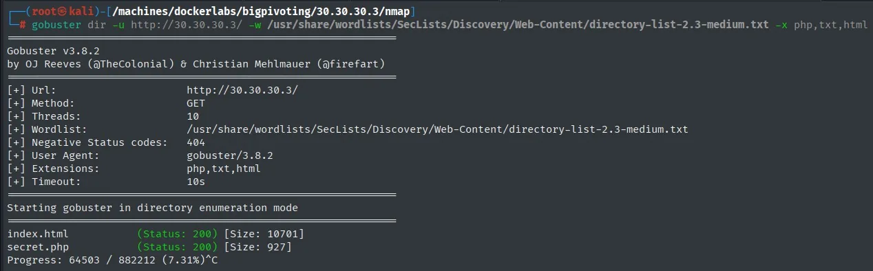 gobuster localiza secret.php en 30.30.30.3