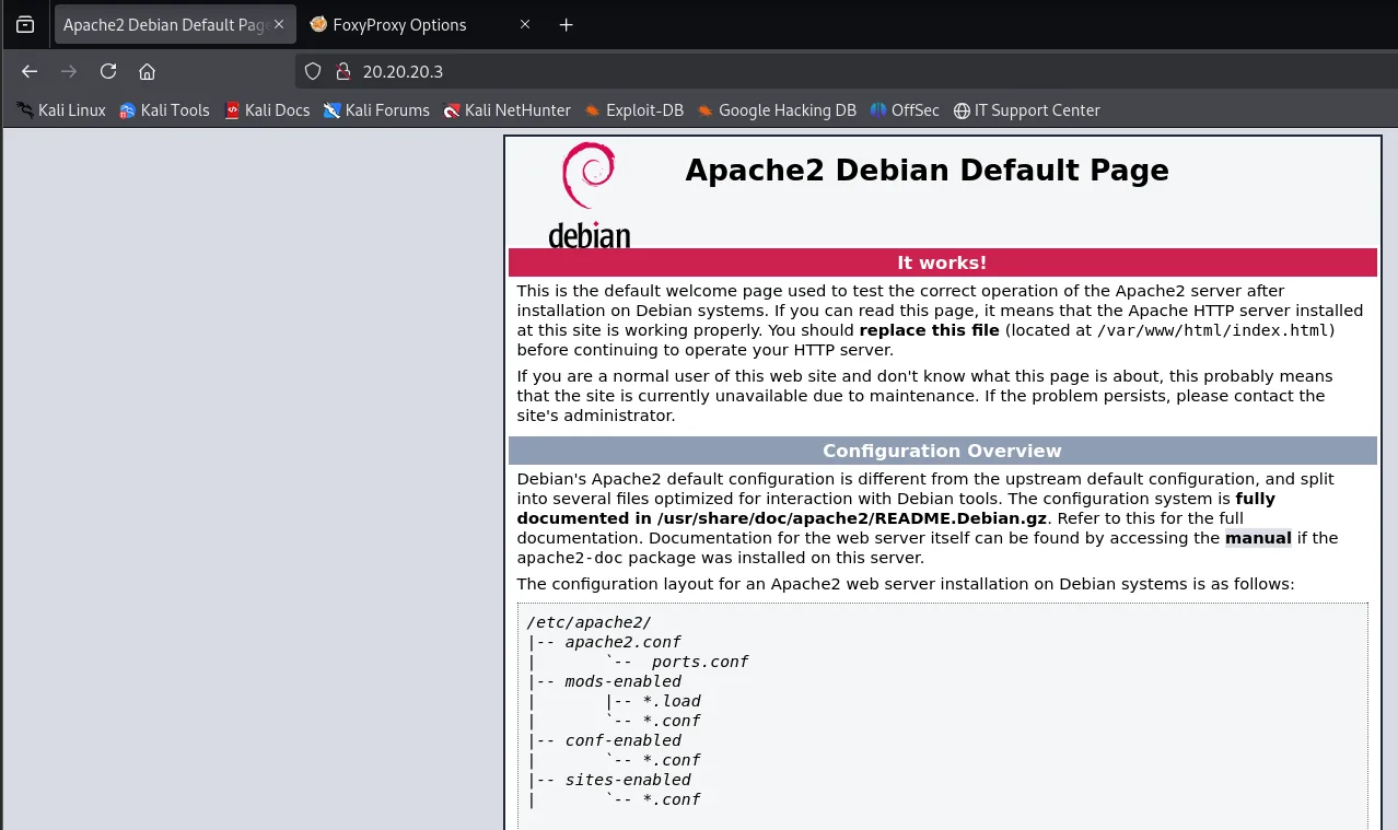El navegador, ya a través del proxy, carga la página por defecto de Apache2 Debian en 20.20.20.3