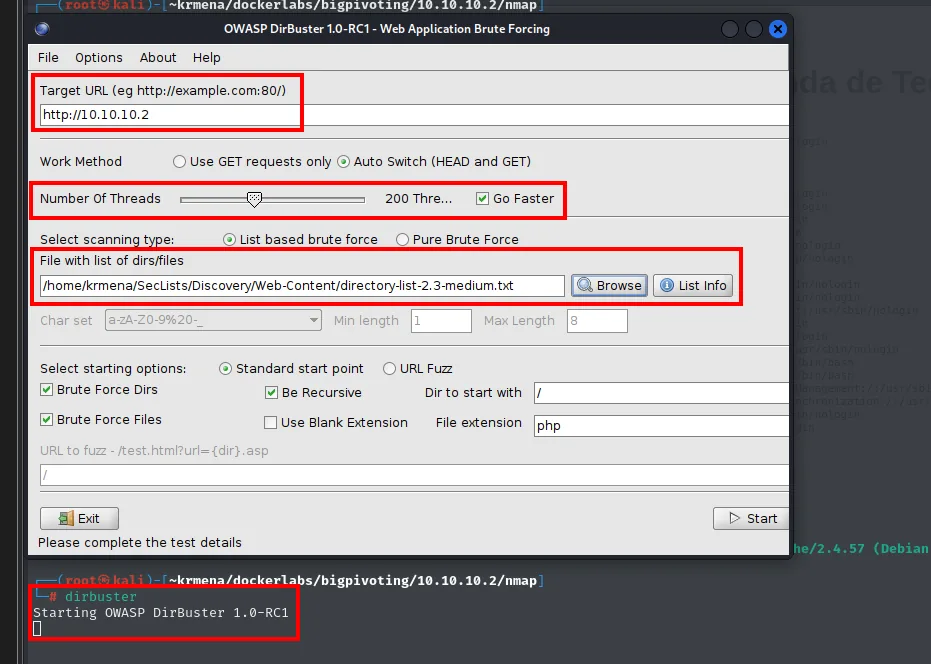 La ventana de OWASP DirBuster 1.0-RC1 configurada contra http://10.10.10.2 con 200 hilos, directory-list-2.3-medium.txt y extensión php