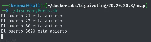 El script discoveryPorts.sh reporta abiertos los puertos 21, 22, 80 y 3000