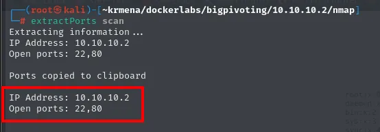 extractPorts imprime IP 10.10.10.2 y puertos 22,80 y los copia al portapapeles