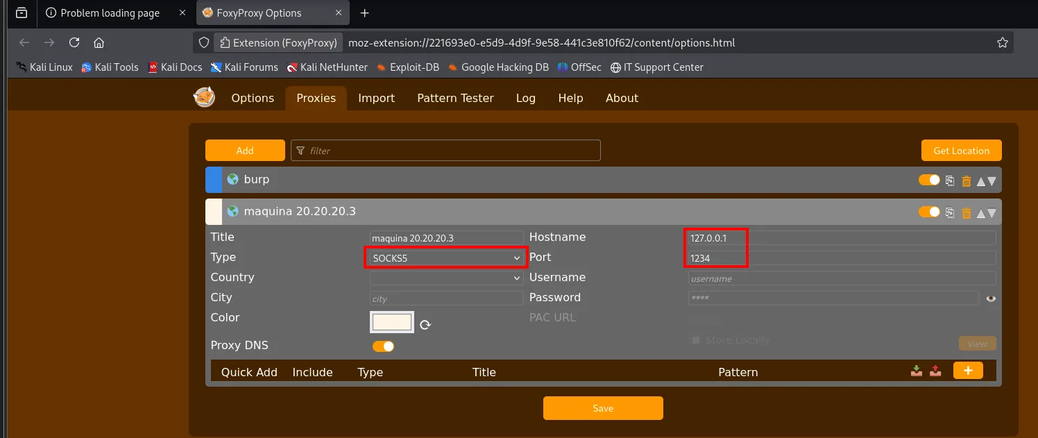 La configuración de FoxyProxy con un perfil llamado maquina 20.20.20.3 de tipo SOCKS5 apuntando a 127.0.0.1:1234 y Proxy DNS activado