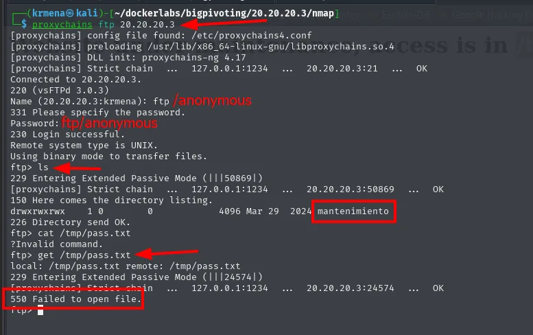 El FTP acepta el login anonymous/anonymous, lista el directorio mantenimiento y falla al pedir /tmp/pass.txt con 550