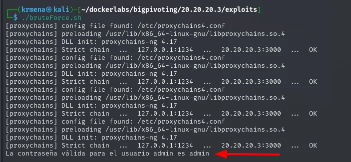 El script bruteForce.sh, con cada petición pasando por proxychains, encuentra que la contraseña de admin es admin