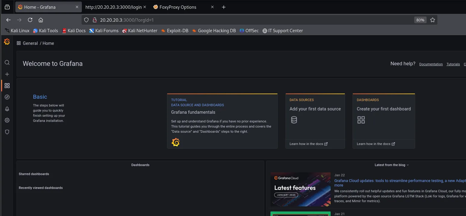 Grafana ya autenticado, mostrando la pantalla Home con los paneles de bienvenida