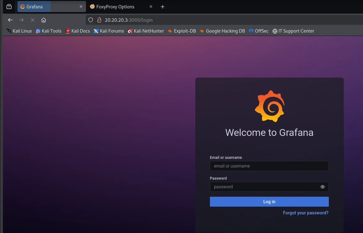 La pantalla de login de Grafana en 20.20.20.3:3000