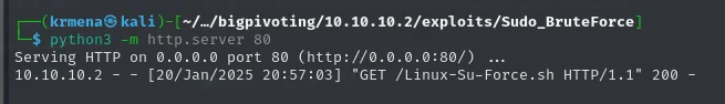 El servidor HTTP en el puerto 80 registra la descarga de Linux-Su-Force.sh desde 10.10.10.2