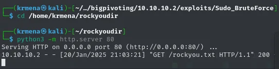 El servidor HTTP servido desde el directorio de rockyou registra la descarga de rockyou.txt