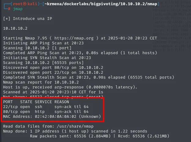 jmap escanea los 65535 puertos de 10.10.10.2 y descubre el 22 y el 80 con ttl 64