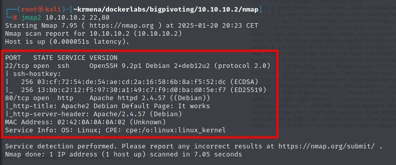 jmap2 identifica OpenSSH 9.2p1 Debian en el 22 y Apache 2.4.57 Debian en el 80