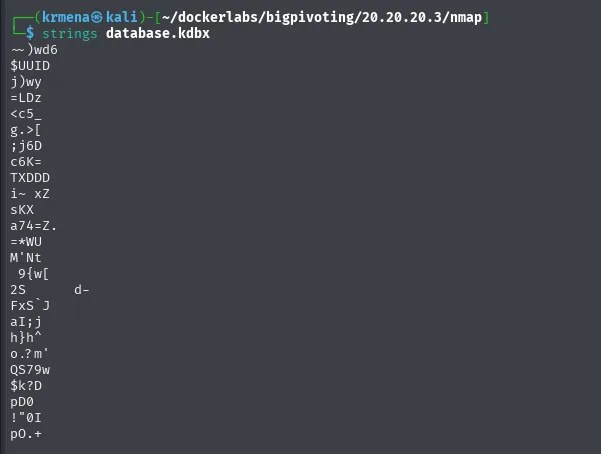 strings sobre database.kdbx solo devuelve fragmentos binarios sin sentido, confirmando que está cifrado