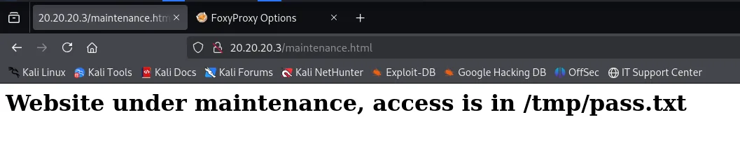 La página maintenance.html contiene el texto Website under maintenance, access is in /tmp/pass.txt