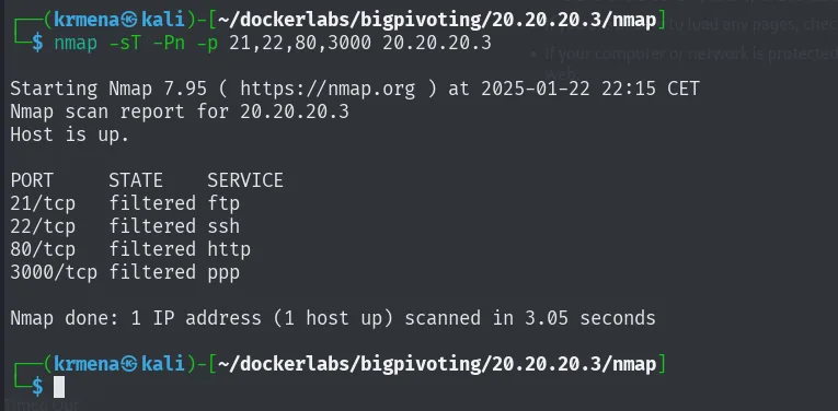 nmap -sT contra 20.20.20.3 devuelve los cuatro puertos como filtered pese a estar abiertos