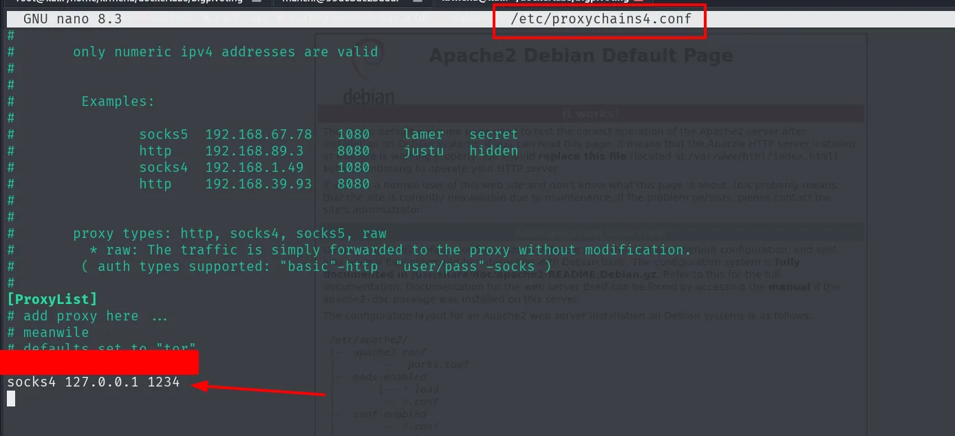 La configuración de proxychains4.conf con la línea socks4 127.0.0.1 1234 añadida al final del bloque ProxyList