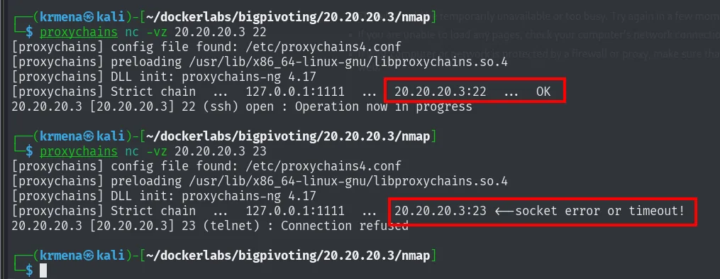 proxychains nc -vz devuelve OK para el puerto 22 y socket error or timeout para el 23