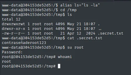 Lectura de /tmp/.secret.txt con la contraseña de root y su root para el compromiso final