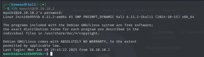 Sesión SSH abierta como manchi en 10.10.10.2, sobre un kernel Kali 6.11.2