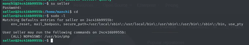 su seller funciona con qwerty y sudo -l muestra (ALL) NOPASSWD: /usr/bin/php