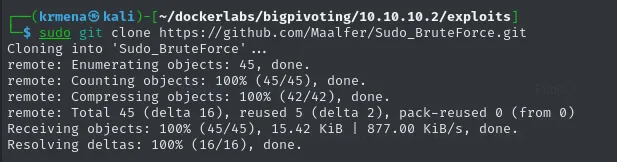 git clone del repositorio Sudo_BruteForce descarga 45 objetos