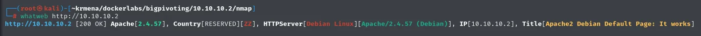 whatweb sobre 10.10.10.2 solo identifica Apache 2.4.57 y la página por defecto de Debian