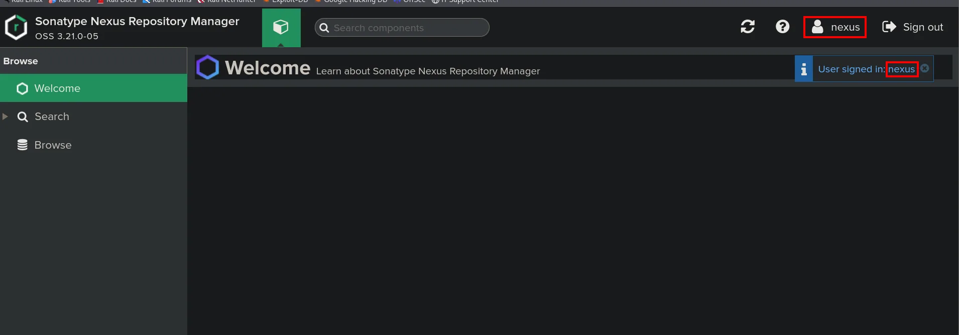 Sesión iniciada en Nexus como el usuario nexus con credenciales por defecto