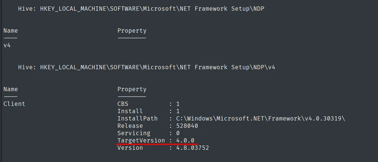El registro NDP muestra .NET Framework v4, TargetVersion 4.0.0 y Version 4.8.03752