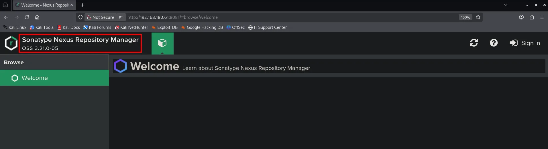 Portada de Nexus Repository Manager OSS 3.21.0-05 con el botón Sign in, sin autenticar