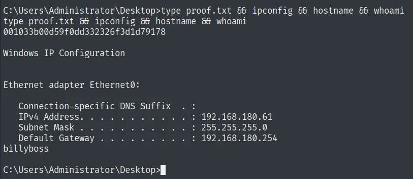 proof.txt leída como SYSTEM en billyboss