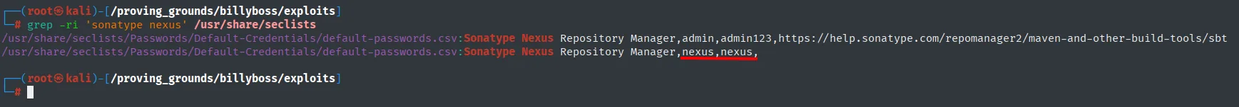 grep en SecLists: default-passwords.csv incluye Sonatype Nexus con nexus,nexus y admin,admin123