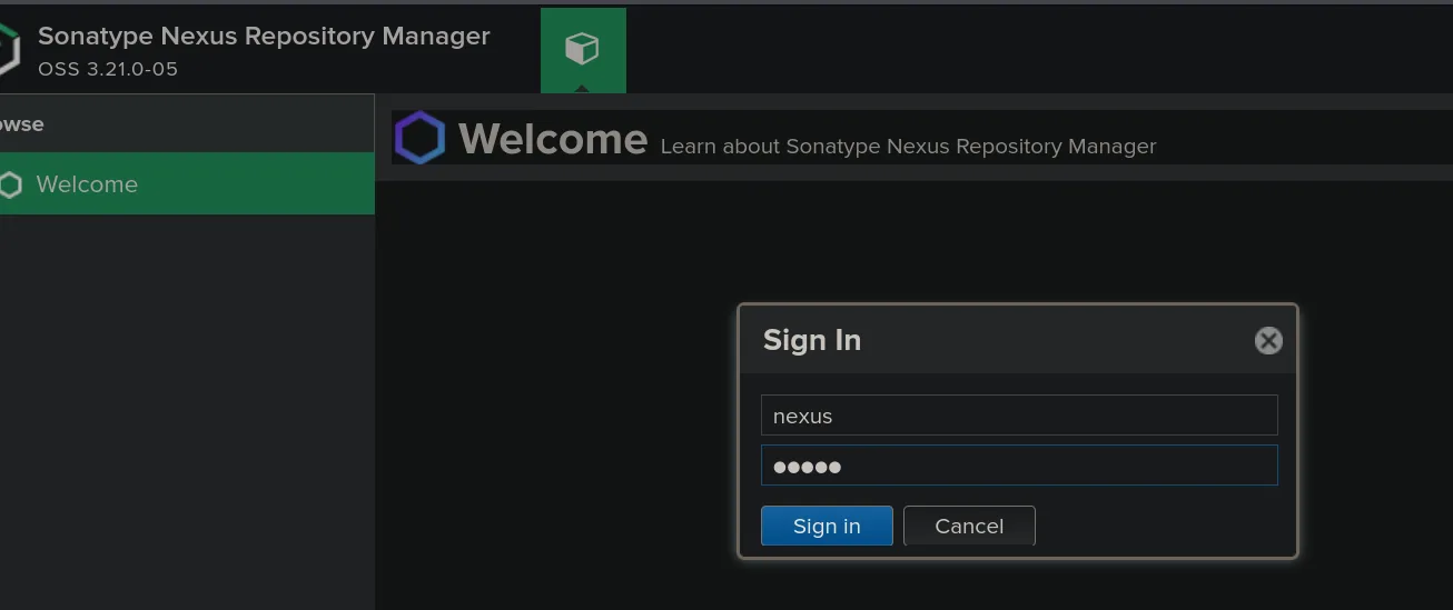 Diálogo Sign In de Nexus con el usuario nexus y la contraseña rellenados