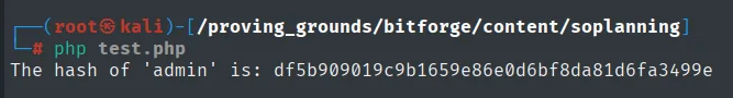 php test.php devuelve el hash de admin, df5b909019c9b1659e86e0d6bf8da81d6fa3499e