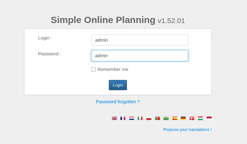 el login de Simple Online Planning con admin en los dos campos