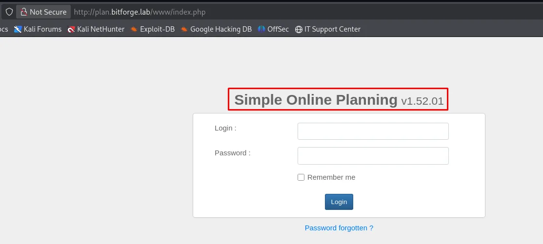 plan.bitforge.lab sirve el login de Simple Online Planning v1.52.01