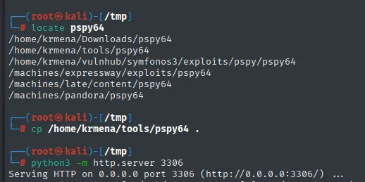 locate encuentra varias copias de pspy64, se copia una al directorio actual y se levanta el http.server en el 3306