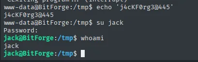 su jack acepta la contraseña filtrada por el cron y whoami devuelve jack